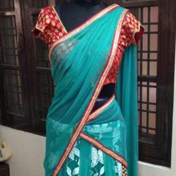 Real green net half saree - Indian - Picture 3 of 6