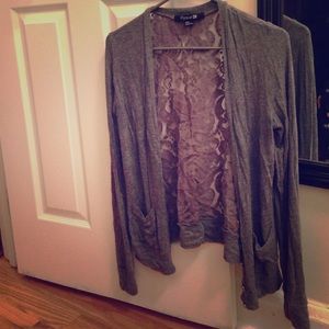 Gray button cardigan with lace back. Forever21.