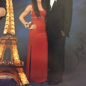 Red glittery prom dress