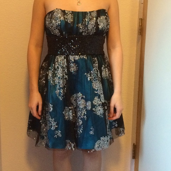 Sparkly turquoise and black strapless