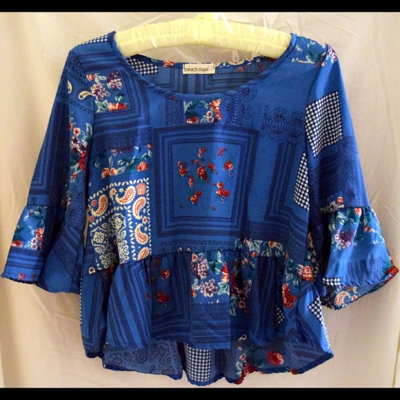 Tops - Blue floral peplum blouse/top with ruffles