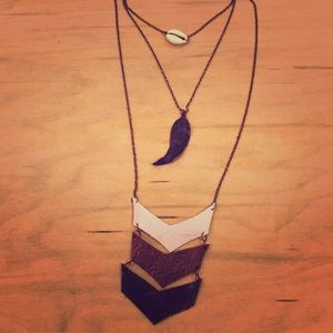 Layered Leather Feather Chevron Shell Necklace
