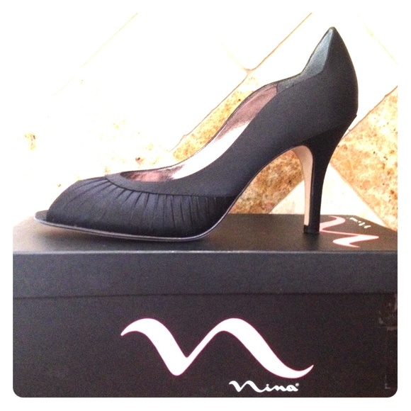Nina Black Satin Peep Toe Heels