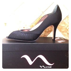 Nina Black Satin Peep Toe Heels