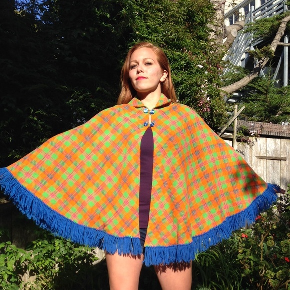 1970s plaid rainbow wool poncho