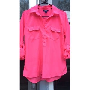 Silky hot pink half button up.