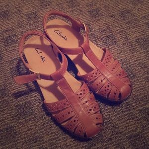 Clarks Brown Low Wedge Sandals