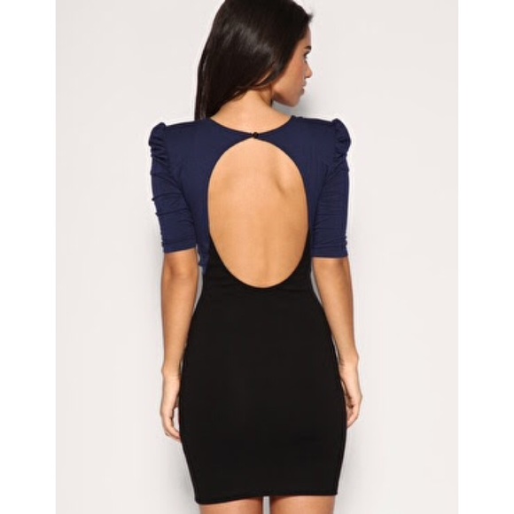 ASOS blue and black dress with shoulder padding.