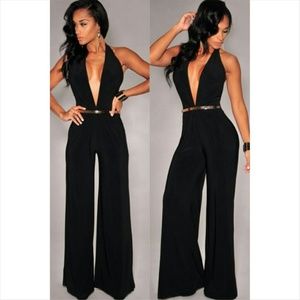 Black V-Neck Belted Halter Jumpsuit