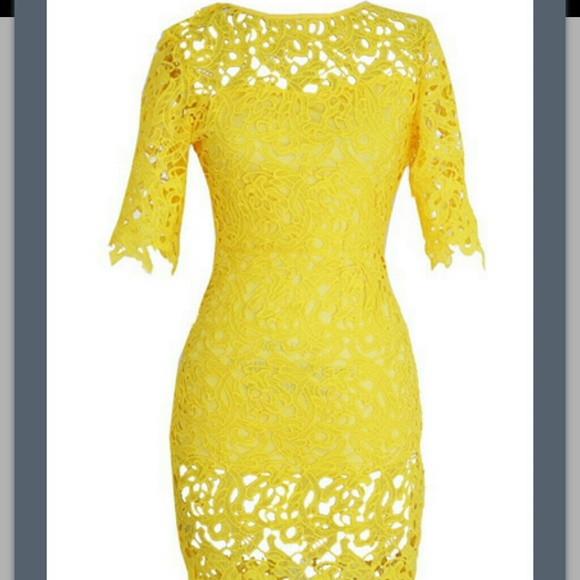 Short sleeve yellow lace sheath dress