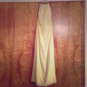 Beaded Pale Yellow High Neck Halter Gown