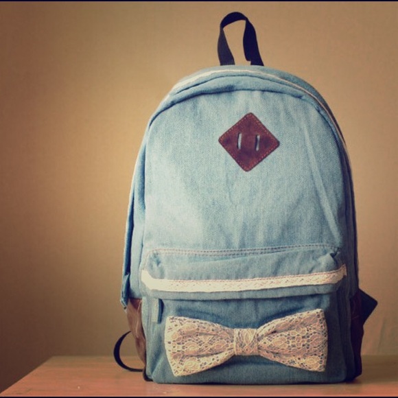 Denim Lace Bow Fashion Book Bag Backpack