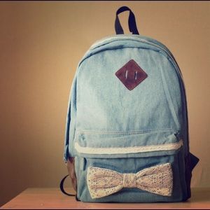 Denim Lace Bow Fashion Book Bag Backpack
