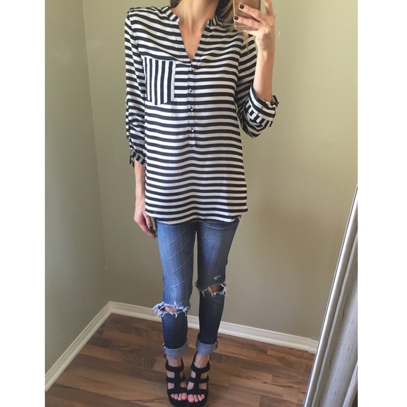 SOLD Black & White Striped Blouse - Picture 4 of 4