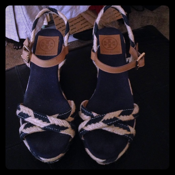 Tory Burch Shoes - Tory Burch navy & tan espadrille heels