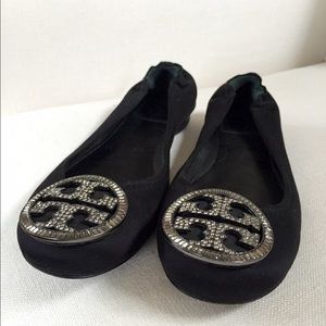 Tory Burch Black Velvet Jeweled Reva Flat