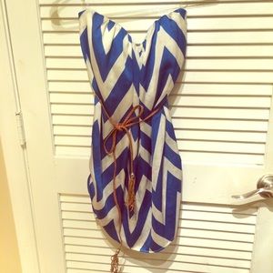 Blue and white striped dress strapless