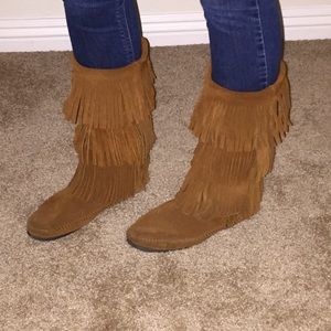 Three layer fringe boots