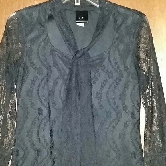 Black lace blouse with built in neck tie or bow - Picture 2 of 4