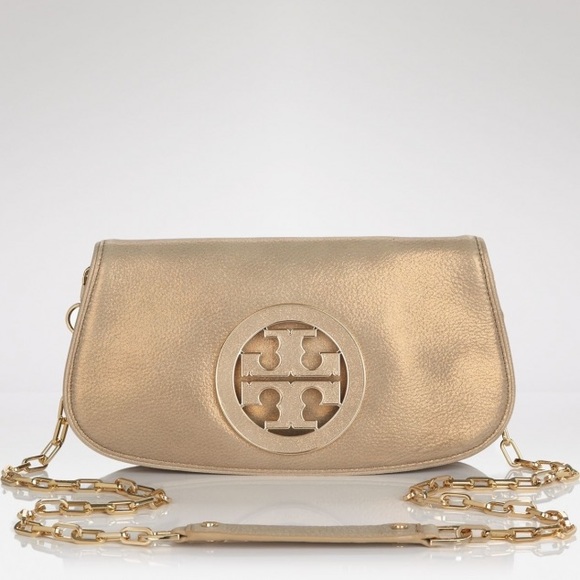 Tory burch metallic logo clutch