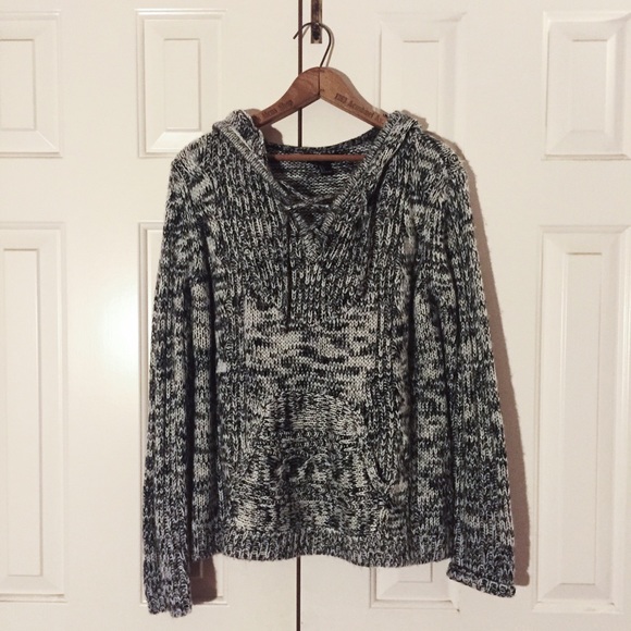 Knit Hooded Sweater with Tie Front