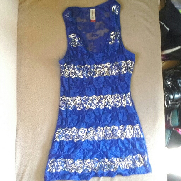 Blue floral lace and silver sequin striped tank