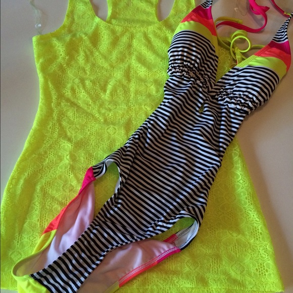Neon color swimsuit with neon green cover top