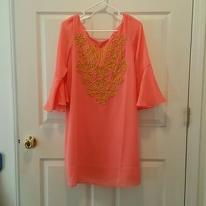 Coral Dress With Yellow Detailing