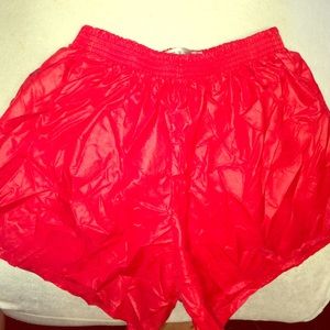 Red trash bag shorts