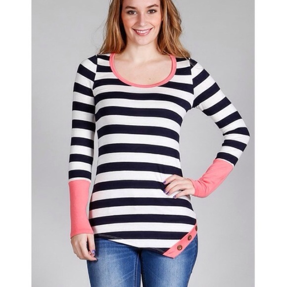 "Heart It" Striped Top with Button Detail - Picture 2 of 2