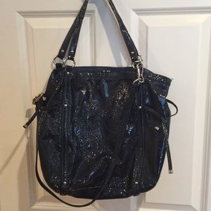 Coach large navy blue patent tote purse