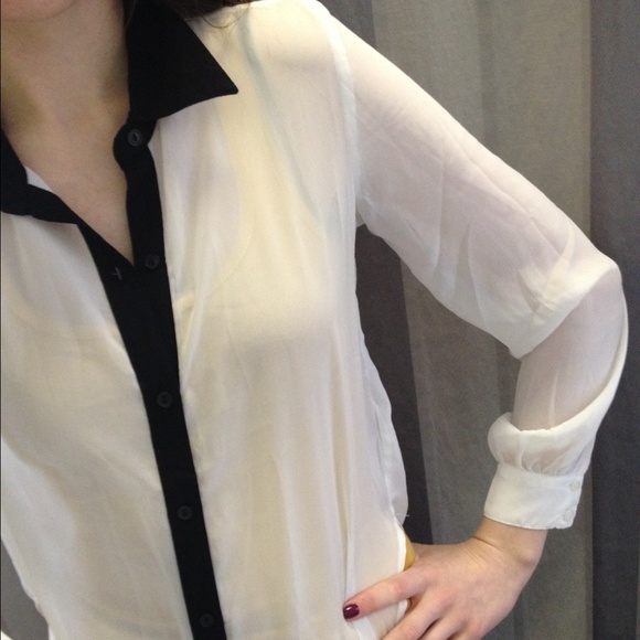White and black sheer long sleeve blouse