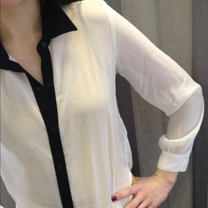 White and black sheer long sleeve blouse