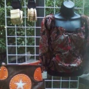 Purse ,bracelets sheer off the shoulder top