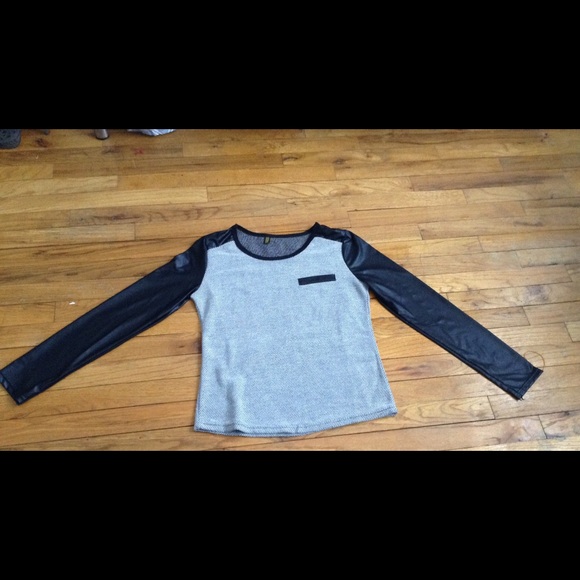 Grey Top with Long Leather Sleeves