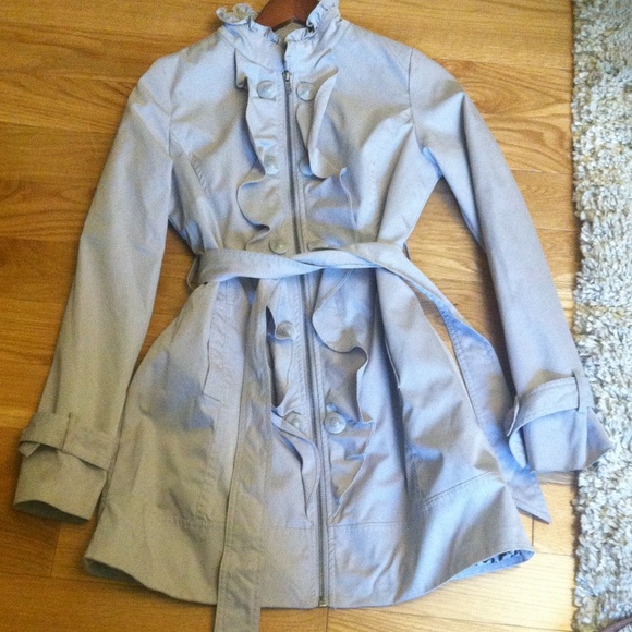 Gray Spring Ruffle Belted Trench Coat