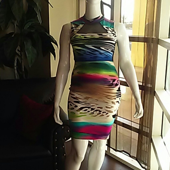 Multi Color Bodycon With Black Sheer Panels