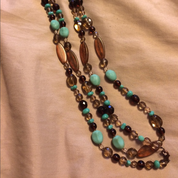 Long beaded brown and turquoise necklace