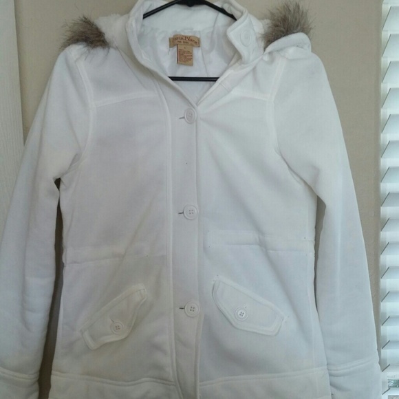 Cream jacket with faux fur hood