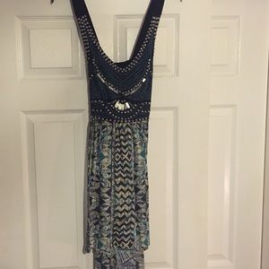 Cross back high low green tribal dress