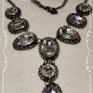 Blacktone And Clear Stone Drop Necklace 21"L. (9 Stones) NWOT