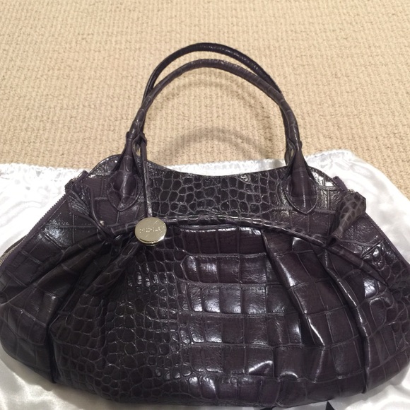 Furla Bags Authentic Furla Eggplant Croc Embossed Leather Bag