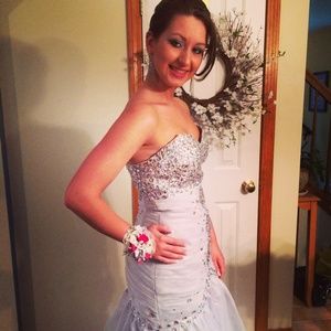 Elegant silver chiffon prom dress with beading