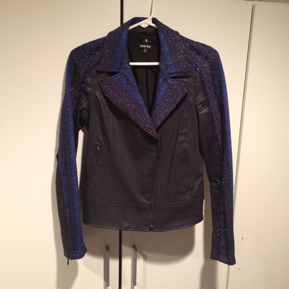 7FAM Blue Metallic Stripe Tweed Moto Jacket