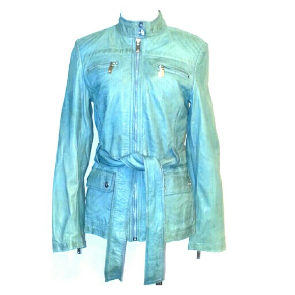 A Slate Blue Belted Moto Leather Jacket