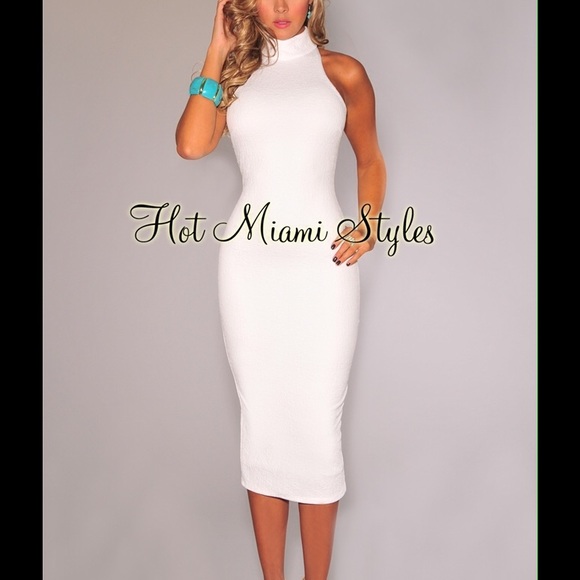 Off-White Textured Mock Neck Midi Dress