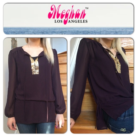 Meghan Noland Tops - Meghan Noland Plum Sheer Gold Sequin Tunic SMALL