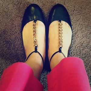 Jcrew Gold Chain T-Strap Black Leather Flats
