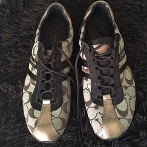 Brown and gold coach tennis shoes