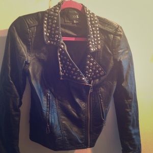 Motorcycle Faux Leather Jacket with studded lapel